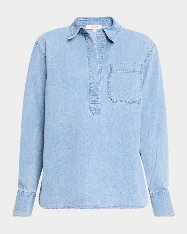 Patch-Pocket Denim Popover Shirt